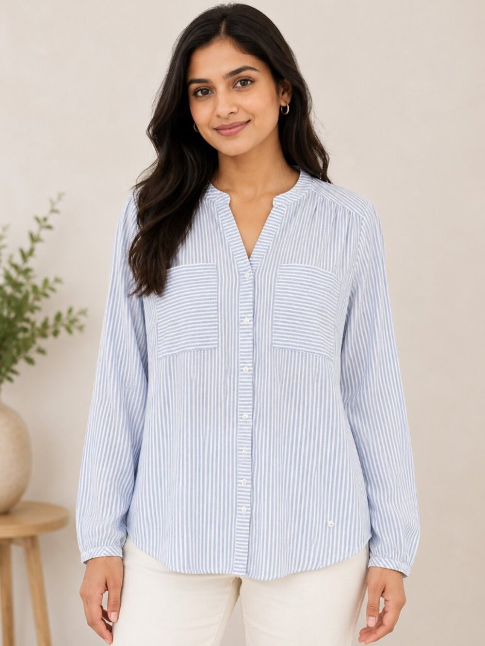 Olsen Blue & White Striped Button-Down Tunic Shirt L Boho Coastal Cottagecore